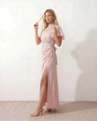 Maxi Dress Women Mock Neck Flutter Sleeve Open Back A-Line Pink Wedding Guest