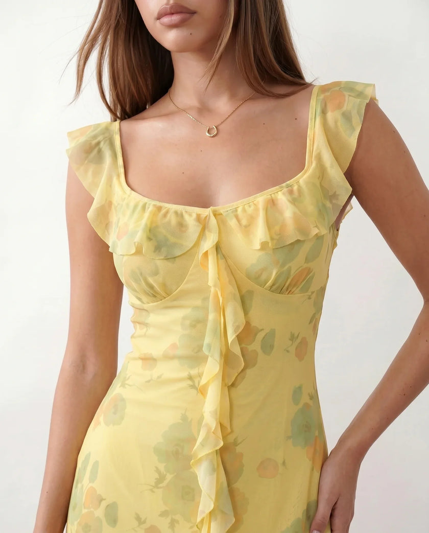 Floral Midi Dress Women Square Neck Corset Low Back Wedding Guest