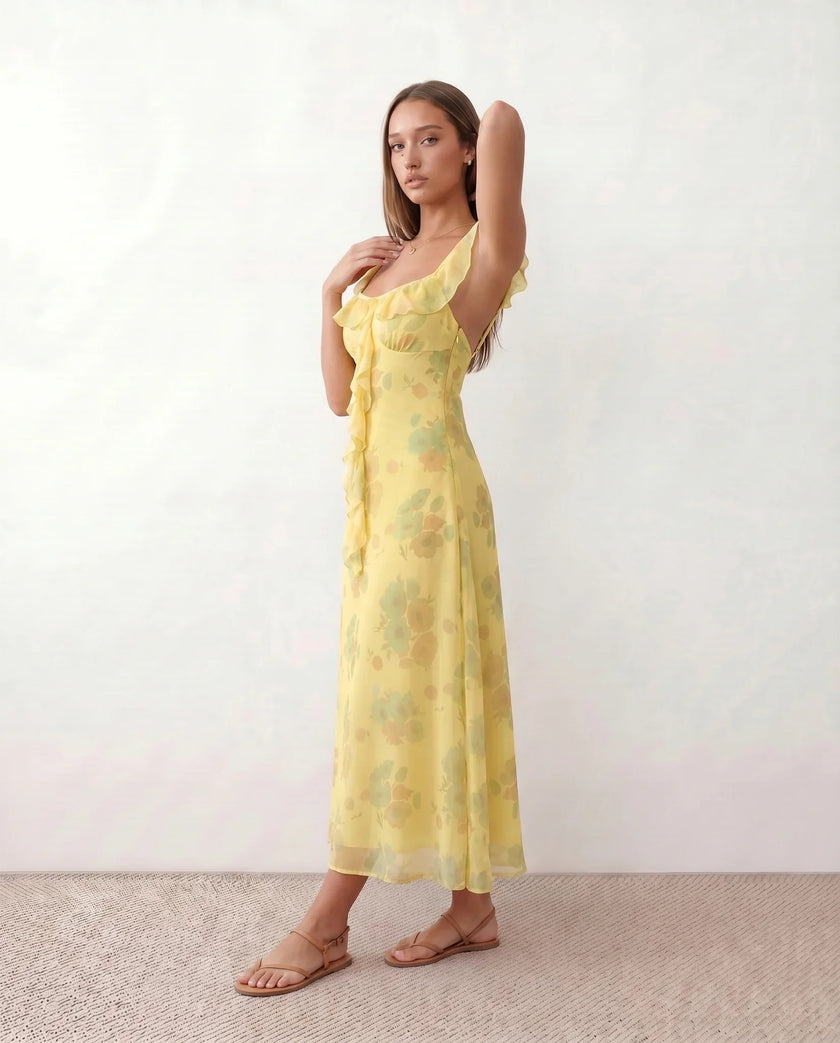 Floral Midi Dress Women Square Neck Corset Low Back Wedding Guest
