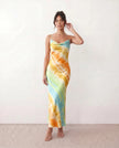 Silk Maxi Dress Women Cowl Neck Spaghetti Strap Open Back Tie-Dye