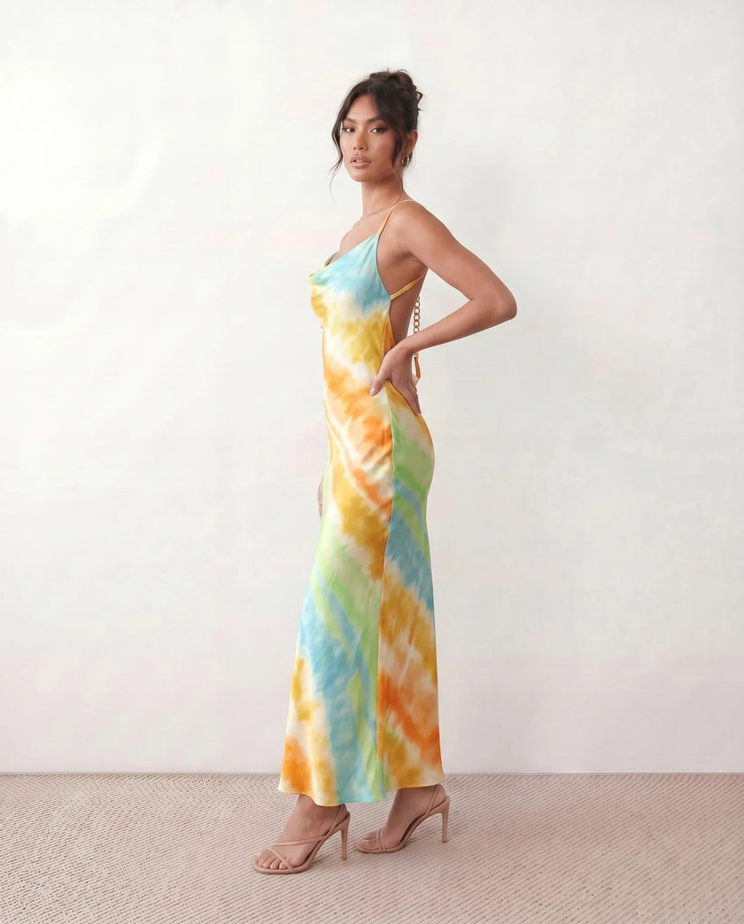 Silk Maxi Dress Women Cowl Neck Spaghetti Strap Open Back Tie-Dye