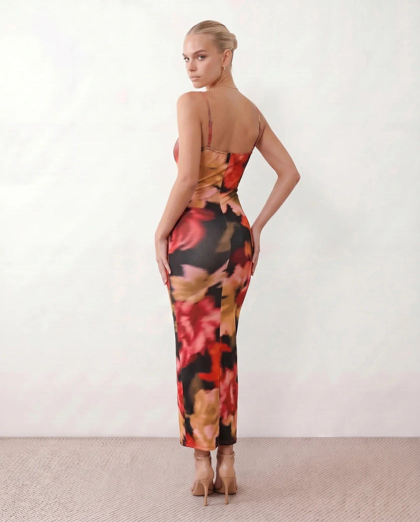 Slip Maxi Dress Women Floral Spaghetti Strap Low Back Round Neck Red Party