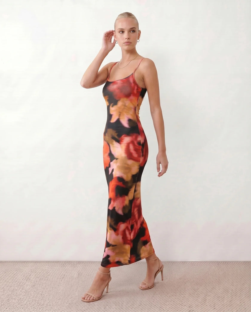 Slip Maxi Dress Women Floral Spaghetti Strap Low Back Round Neck Red Party