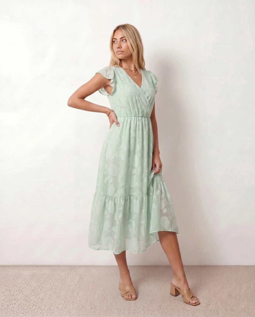 Floral Midi Dress Women Wedding Guest Wrap Front Tiered