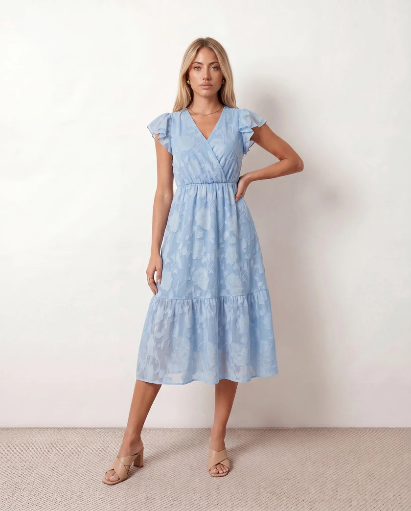 Floral Midi Dress Women Wedding Guest Wrap Front Tiered