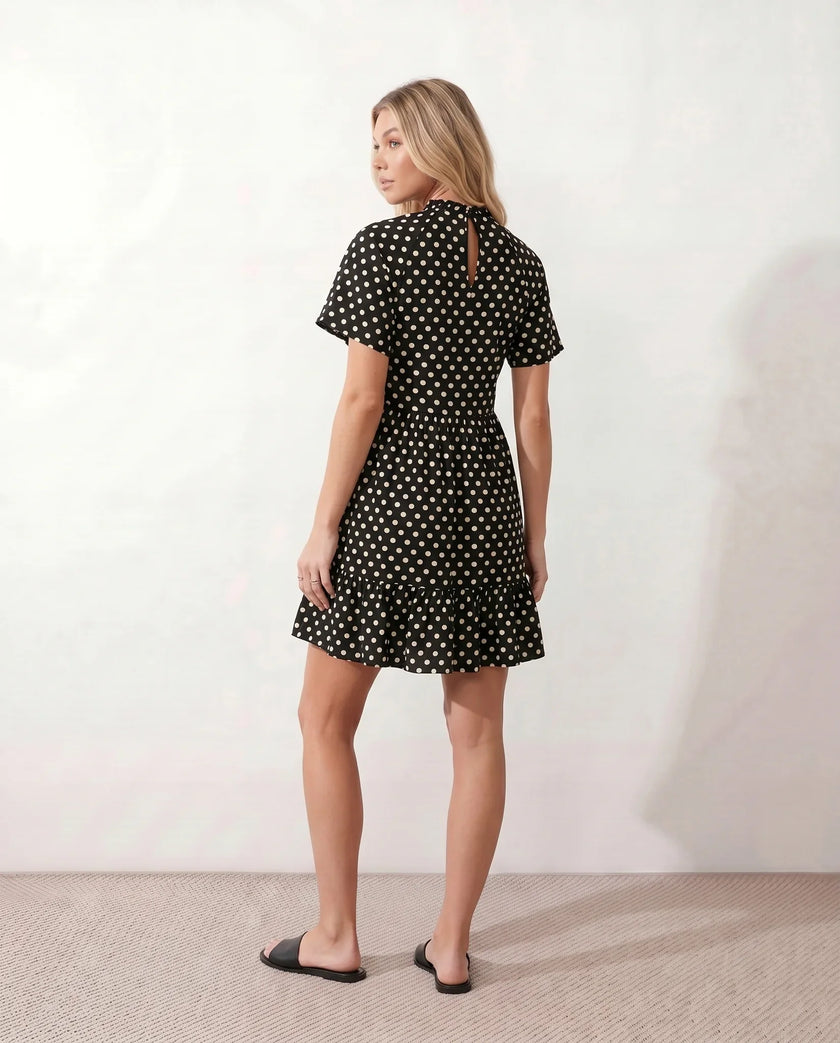 Polka Dot Mini Dress Women Mock Neck Ruffle Chiffon