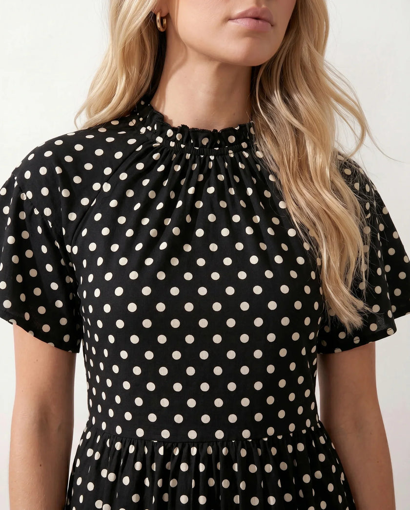 Polka Dot Mini Dress Women Mock Neck Ruffle Chiffon