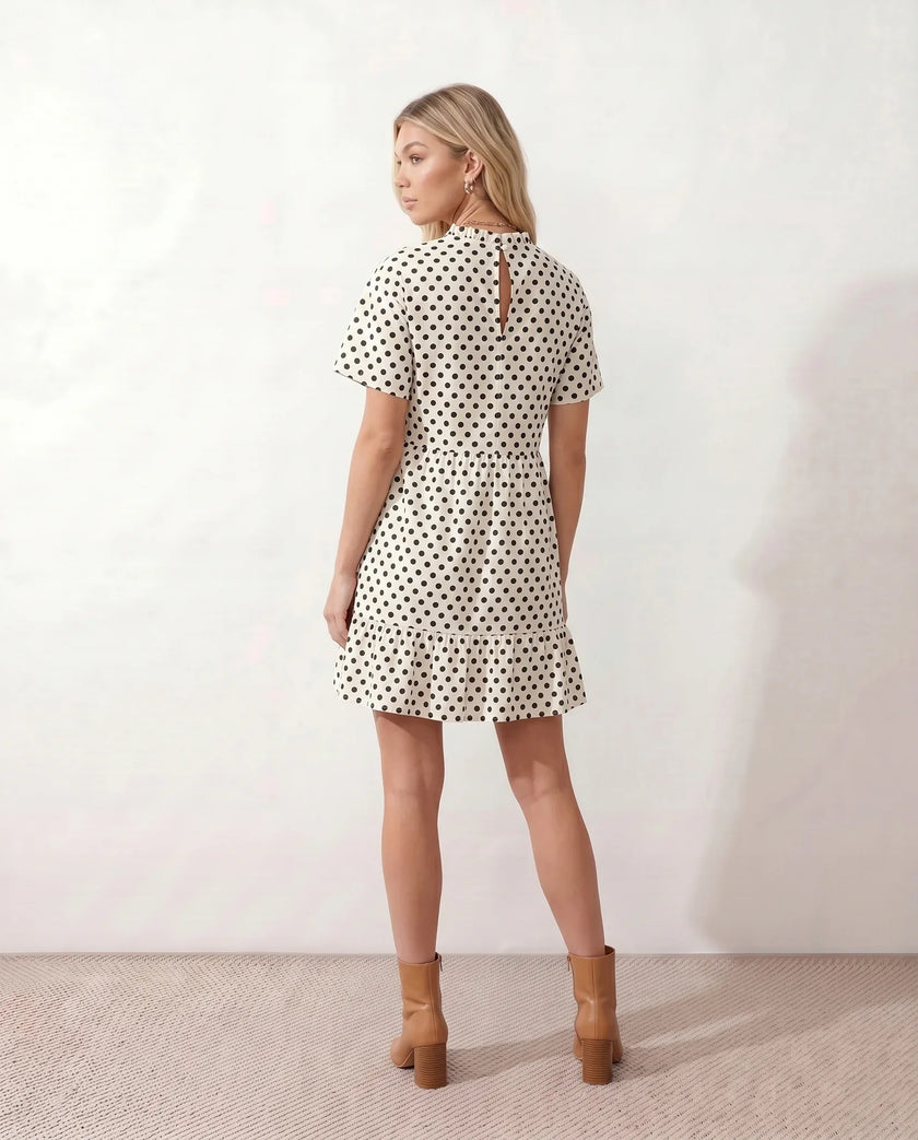 Polka Dot Mini Dress Women Mock Neck Ruffle Chiffon