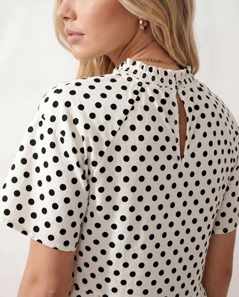 Polka Dot Mini Dress Women Mock Neck Ruffle Chiffon