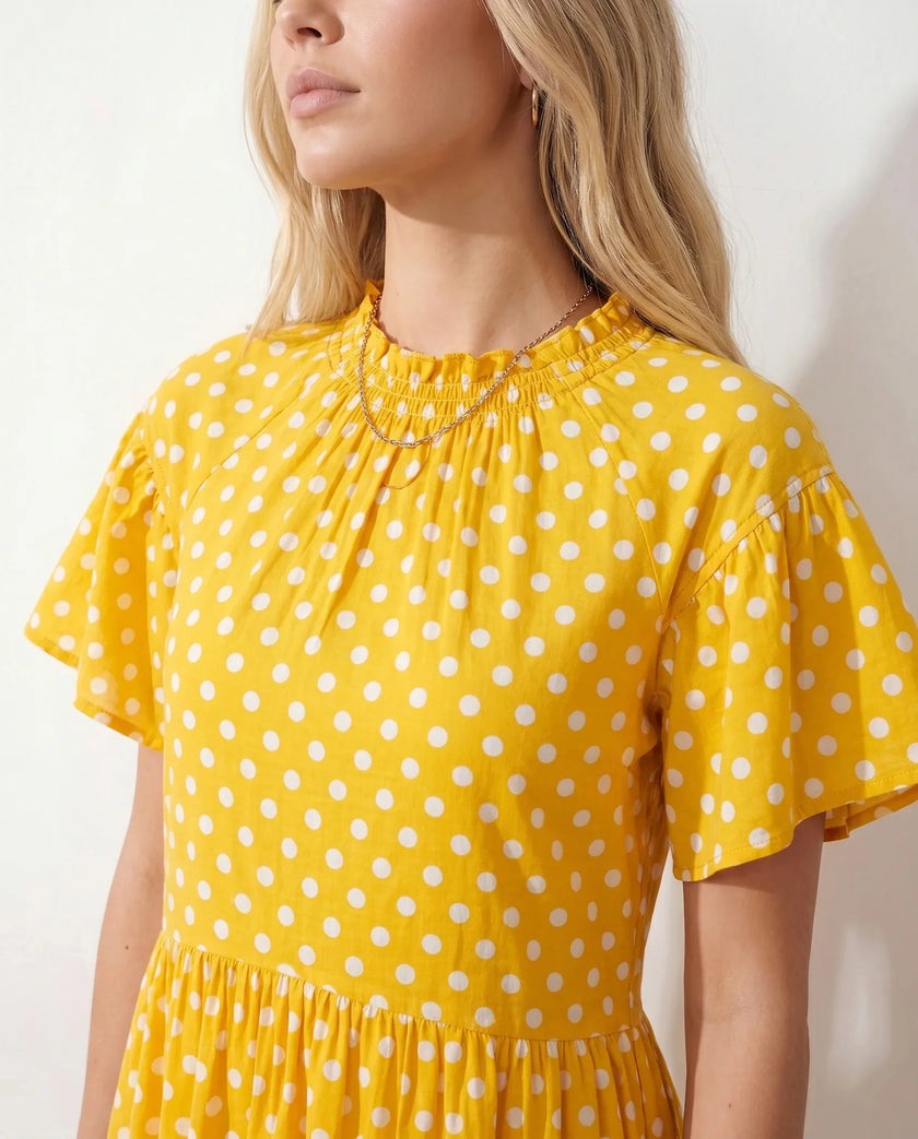 Polka Dot Mini Dress Women Mock Neck Ruffle Chiffon