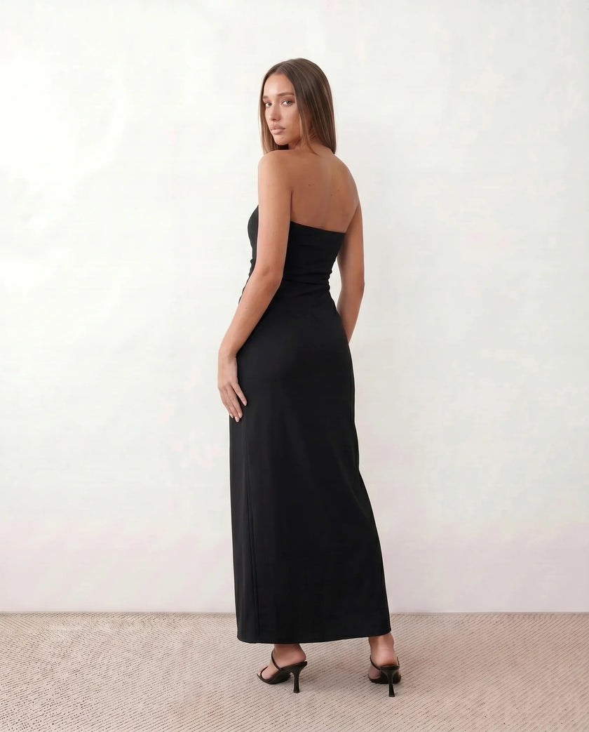 Maxi Dress Women Strapless Square Neck Ruched Fitted Side Slit Cocktail