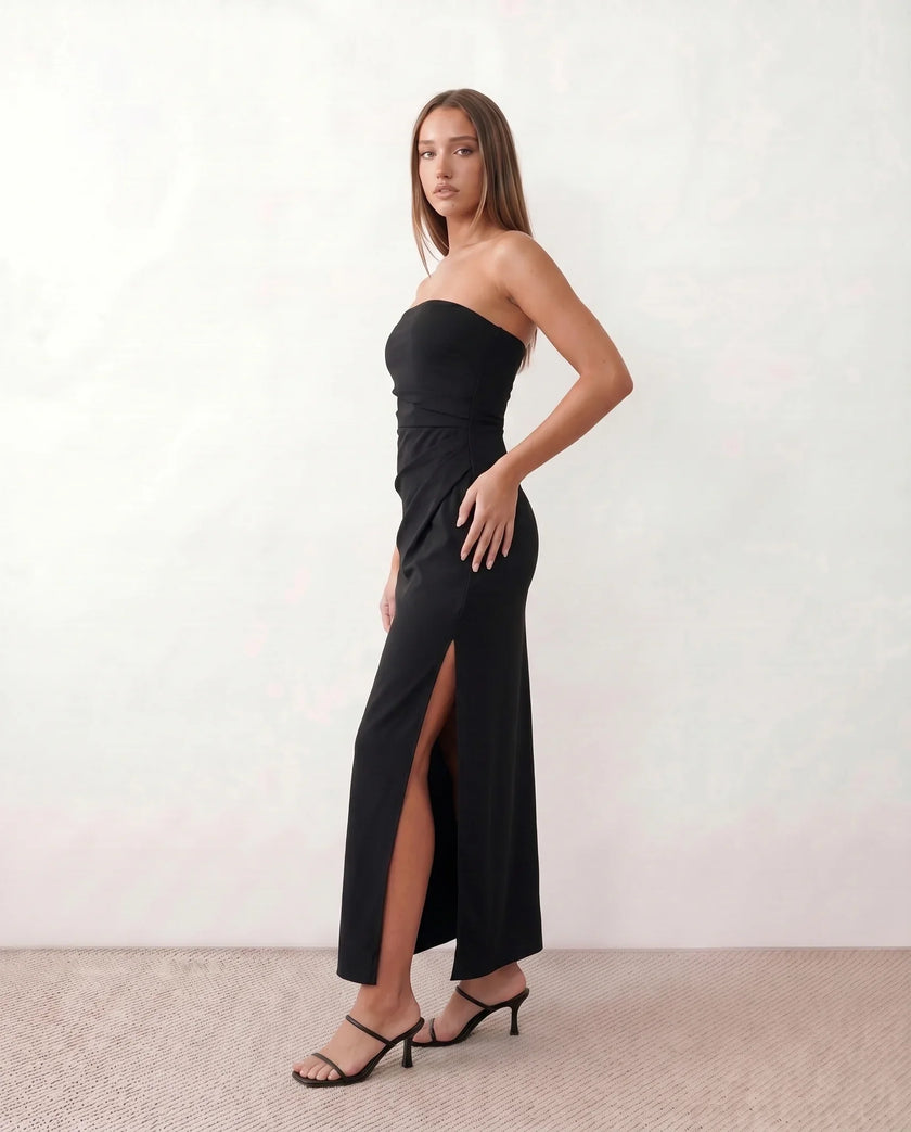 Maxi Dress Women Strapless Square Neck Ruched Fitted Side Slit Cocktail