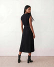 Pleated Midi Dress Women V-Neck Belted Cap Sleeve Cocktail