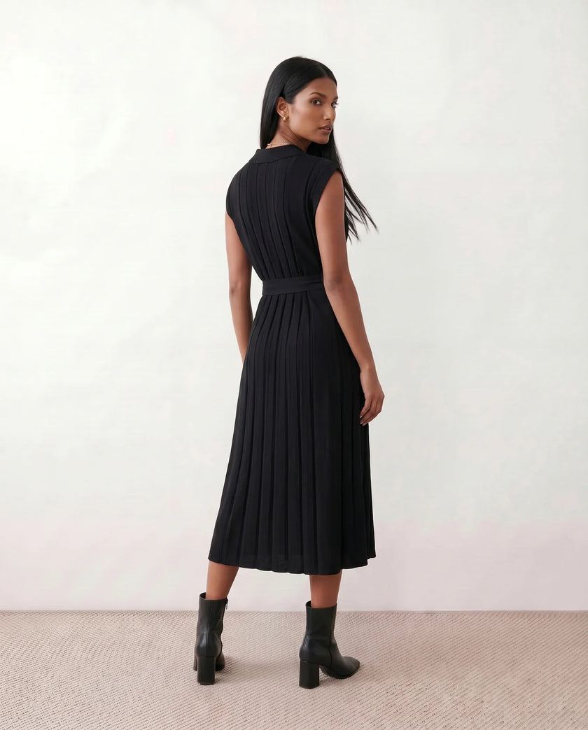Pleated Midi Dress Women V-Neck Belted Cap Sleeve Cocktail
