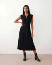 Pleated Midi Dress Women V-Neck Belted Cap Sleeve Cocktail