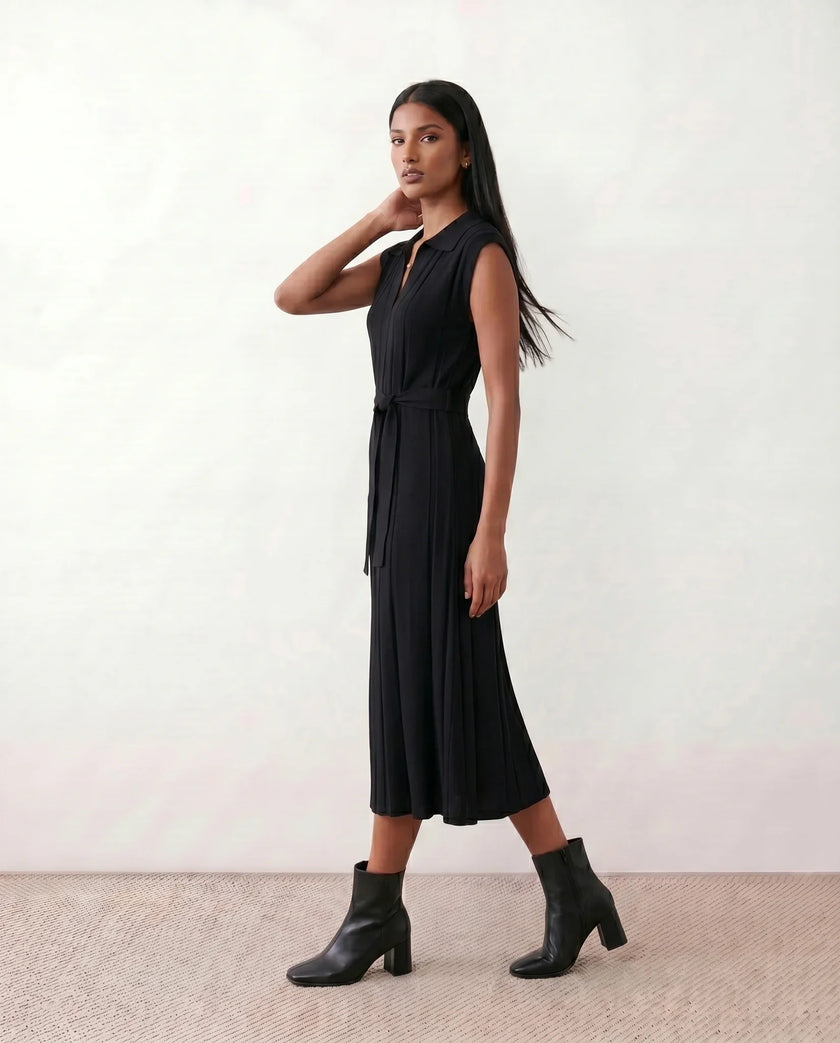 Pleated Midi Dress Women V-Neck Belted Cap Sleeve Cocktail