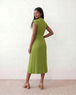 Pleated Midi Dress Women V-Neck Belted Cap Sleeve Cocktail