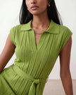 Pleated Midi Dress Women V-Neck Belted Cap Sleeve Cocktail