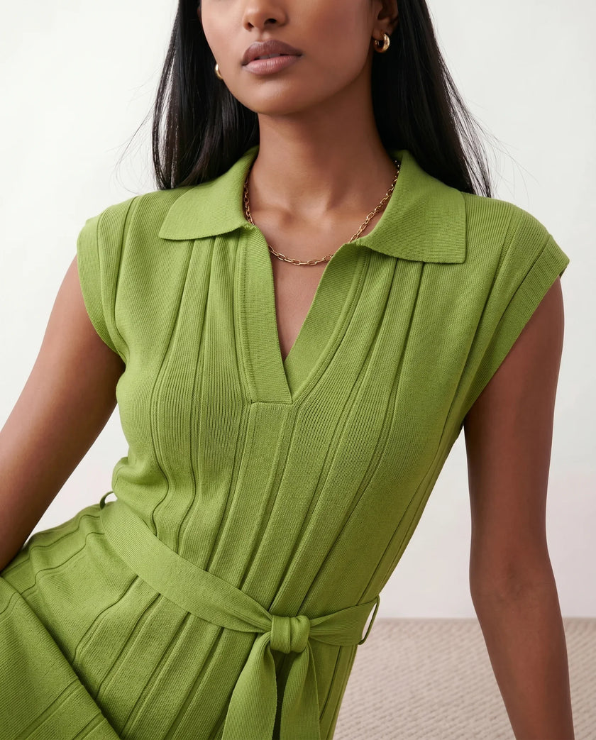 Pleated Midi Dress Women V-Neck Belted Cap Sleeve Cocktail