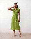 Pleated Midi Dress Women V-Neck Belted Cap Sleeve Cocktail