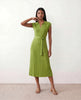 Pleated Midi Dress Women V-Neck Belted Cap Sleeve Cocktail