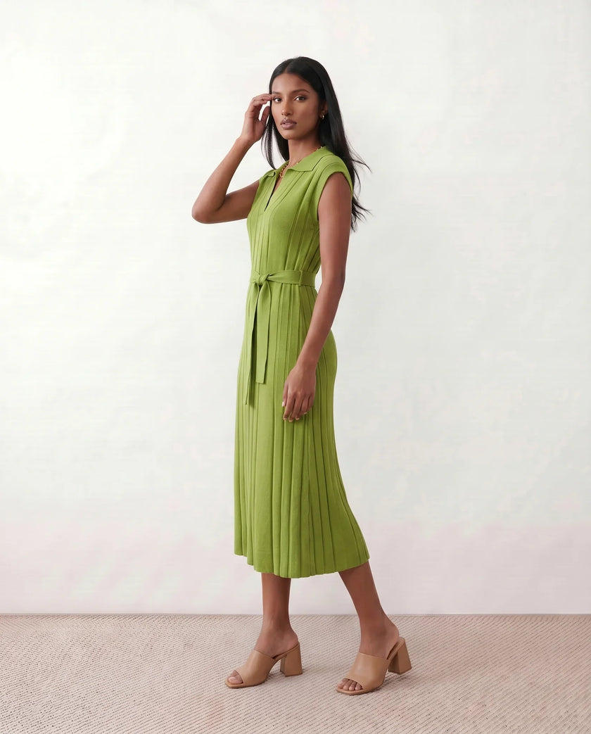 Pleated Midi Dress Women V-Neck Belted Cap Sleeve Cocktail