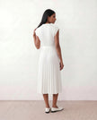 Pleated Midi Dress Women V-Neck Belted Cap Sleeve Cocktail