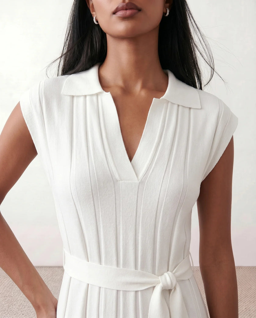 Pleated Midi Dress Women V-Neck Belted Cap Sleeve Cocktail