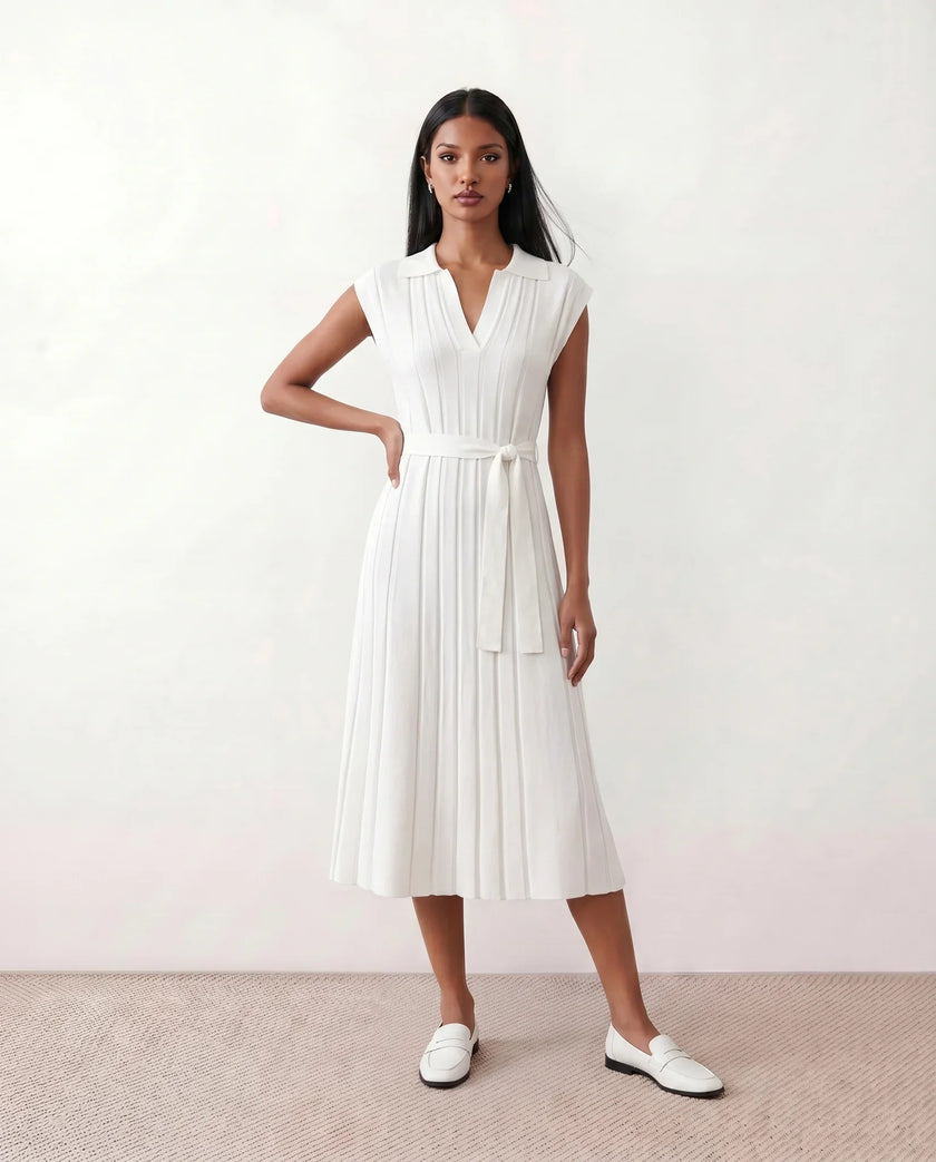 Pleated Midi Dress Women V-Neck Belted Cap Sleeve Cocktail