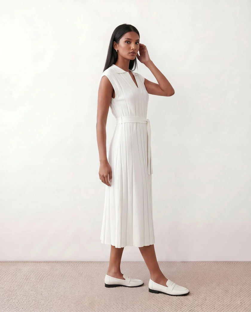 Pleated Midi Dress Women V-Neck Belted Cap Sleeve Cocktail