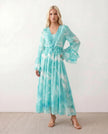 Silk Maxi Dress Women Wedding Guest Tie-Dye V-Neck Long Sleeve