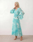 Silk Maxi Dress Women Wedding Guest Tie-Dye V-Neck Long Sleeve