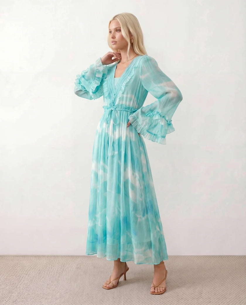 Silk Maxi Dress Women Wedding Guest Tie-Dye V-Neck Long Sleeve