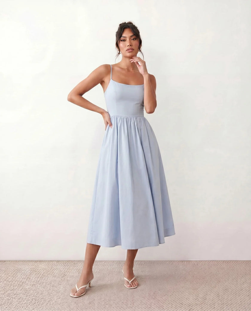 Wedding Guest Midi Dress Women Square Neck Corset Low Back