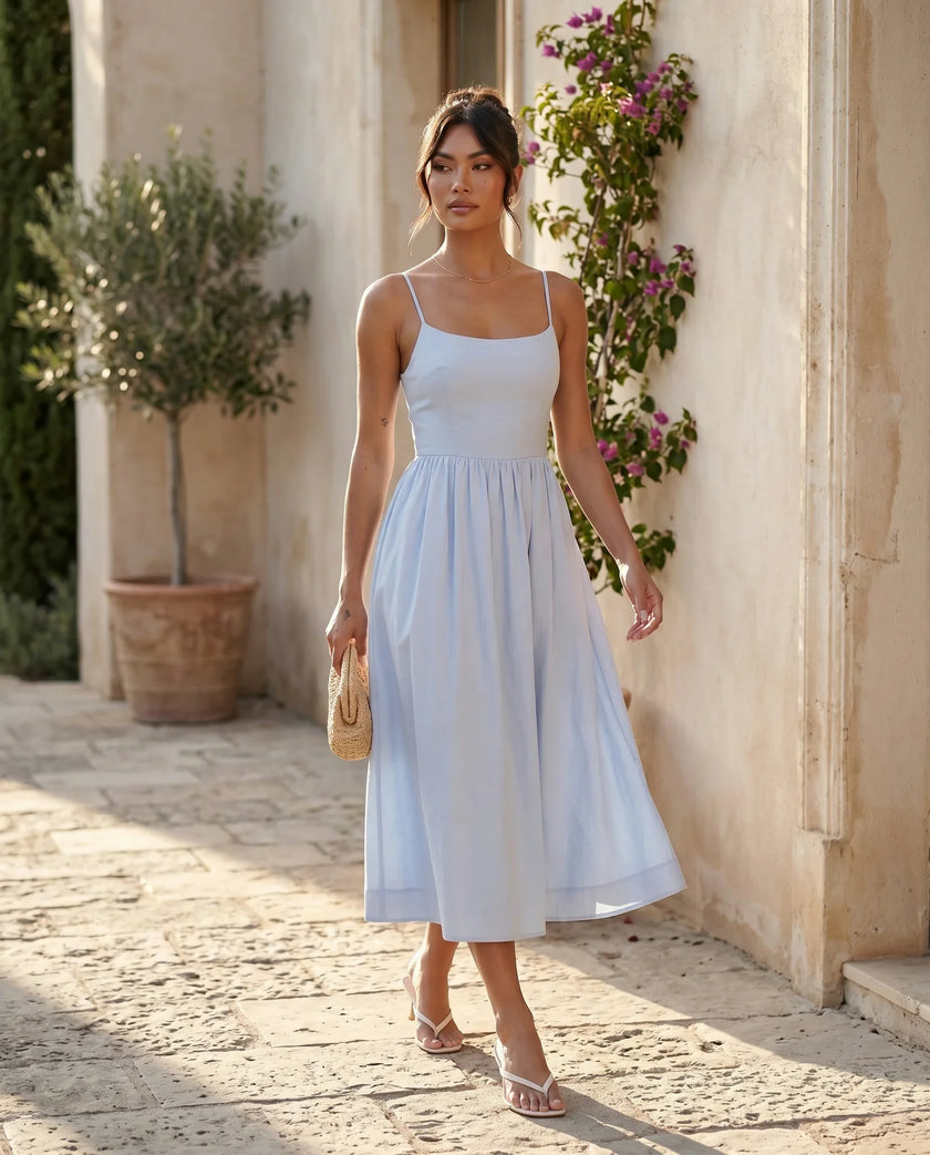 Wedding Guest Midi Dress Women Square Neck Corset Low Back