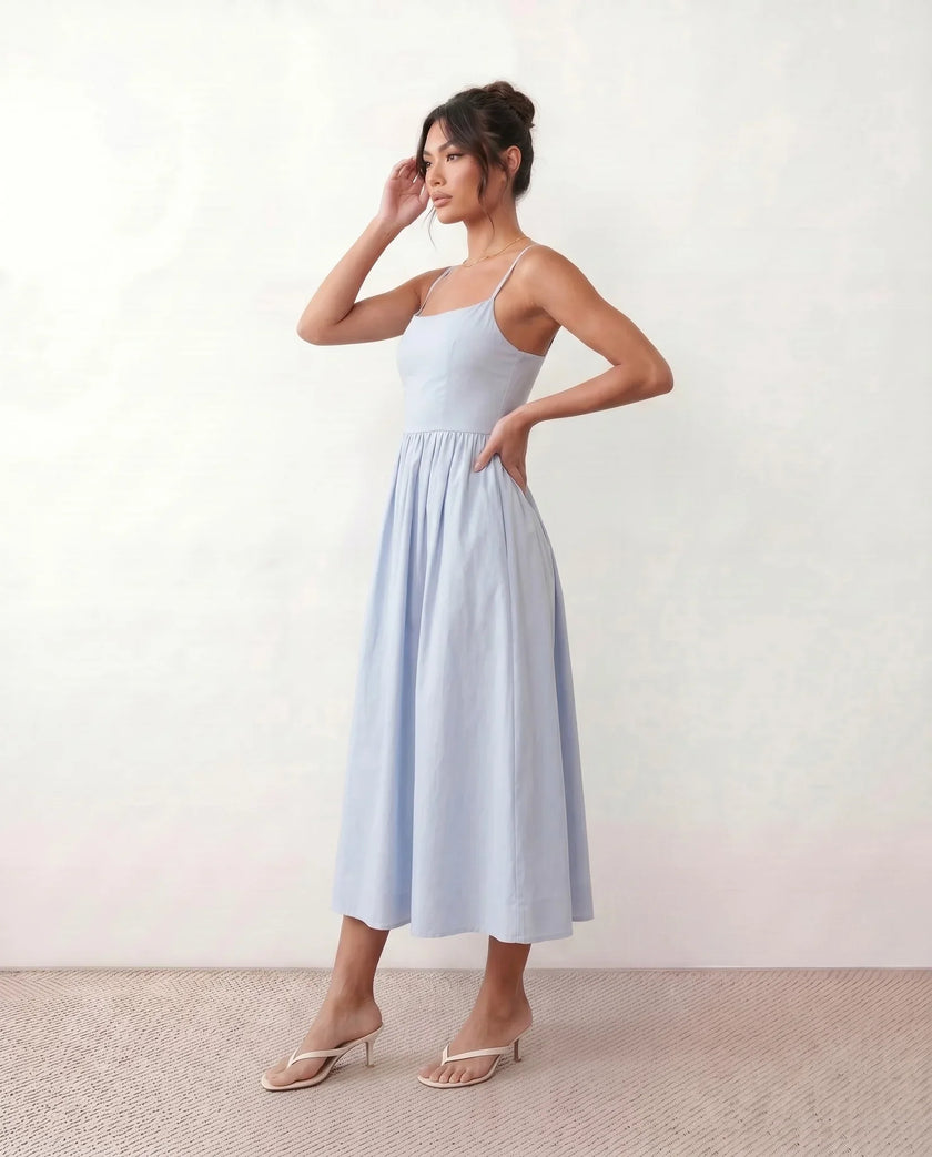 Wedding Guest Midi Dress Women Square Neck Corset Low Back