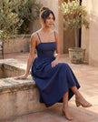 Wedding Guest Midi Dress Women Square Neck Corset Low Back
