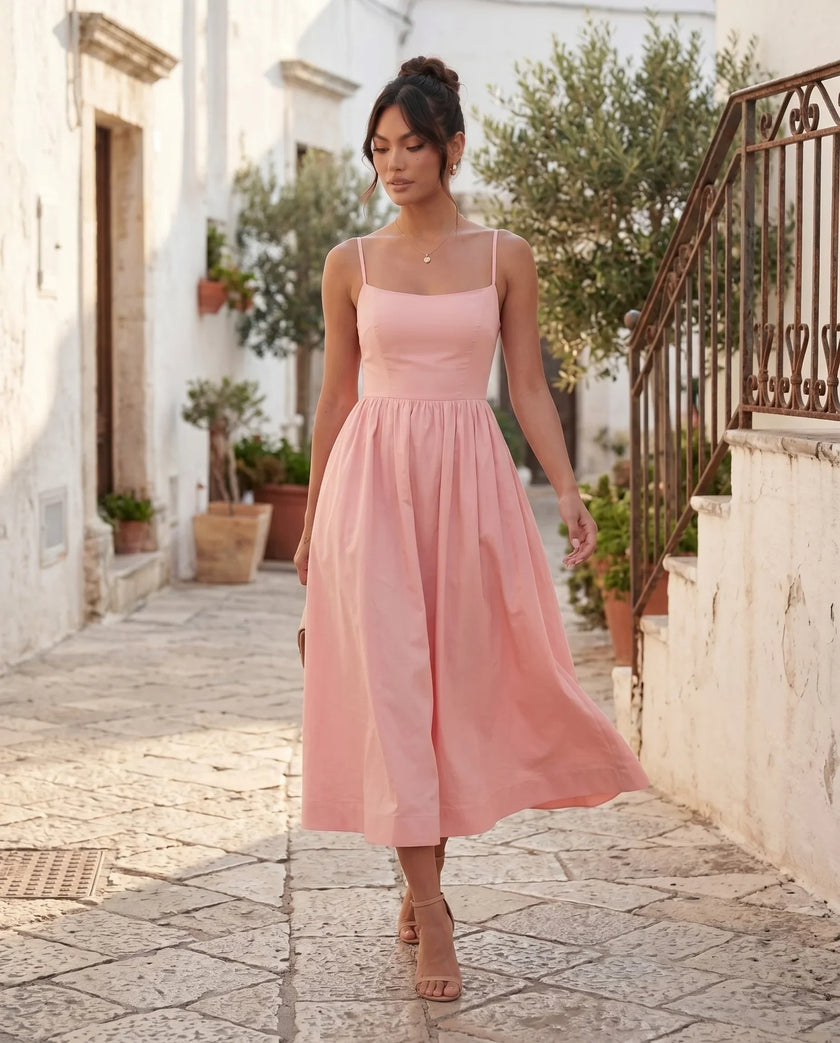 Wedding Guest Midi Dress Women Square Neck Corset Low Back