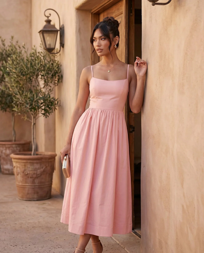 Wedding Guest Midi Dress Women Square Neck Corset Low Back