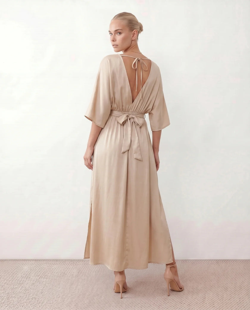 Maxi Dress Women V-Neck Draped Batwing Sleeve Open Back Tie Waist Wedding Guest