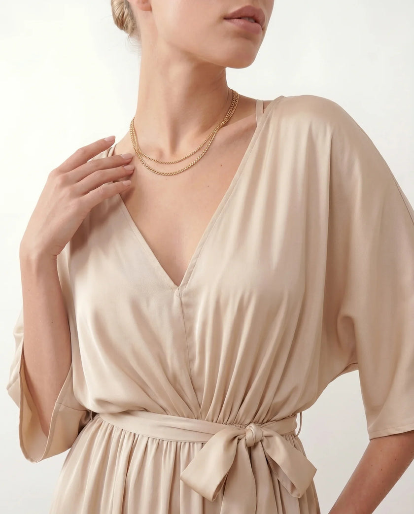 Maxi Dress Women V-Neck Draped Batwing Sleeve Open Back Tie Waist Wedding Guest