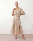 Maxi Dress Women V-Neck Draped Batwing Sleeve Open Back Tie Waist Wedding Guest