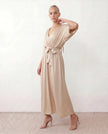 Maxi Dress Women V-Neck Draped Batwing Sleeve Open Back Tie Waist Wedding Guest