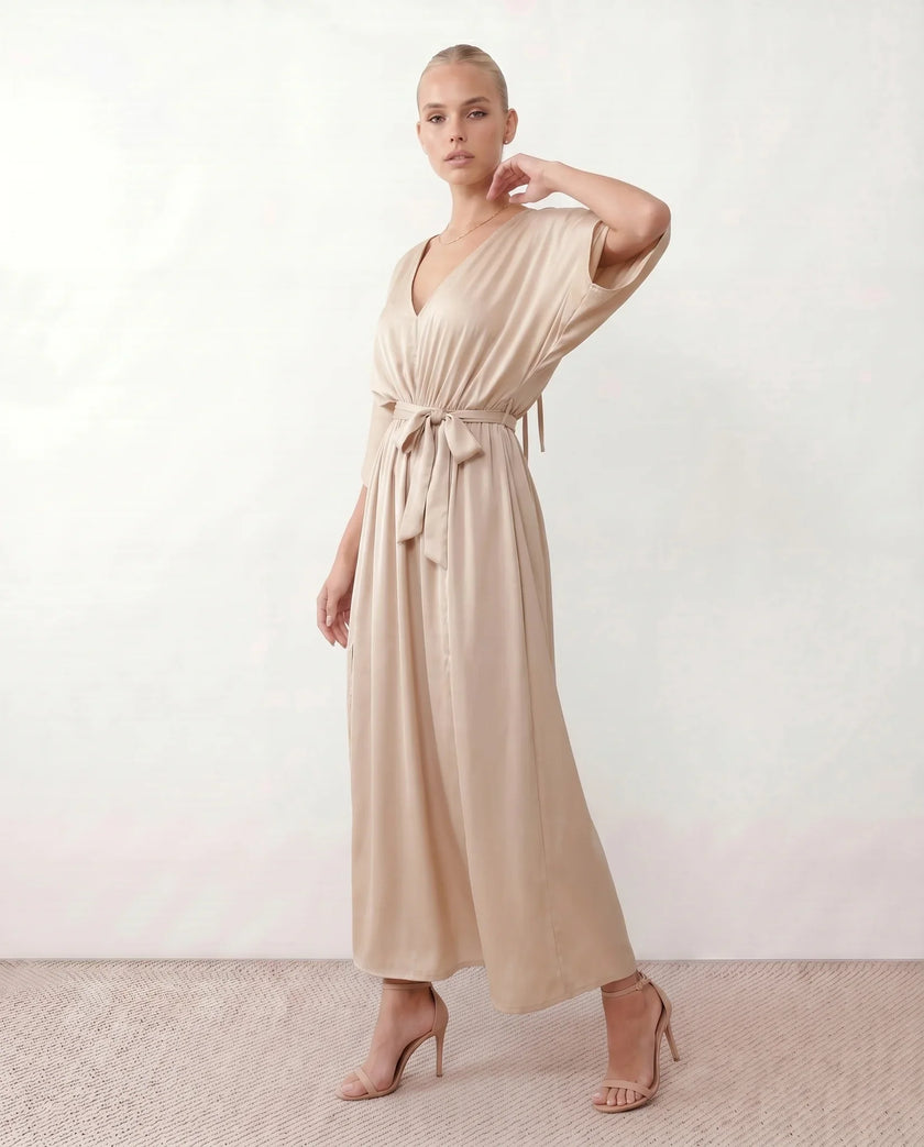 Maxi Dress Women V-Neck Draped Batwing Sleeve Open Back Tie Waist Wedding Guest
