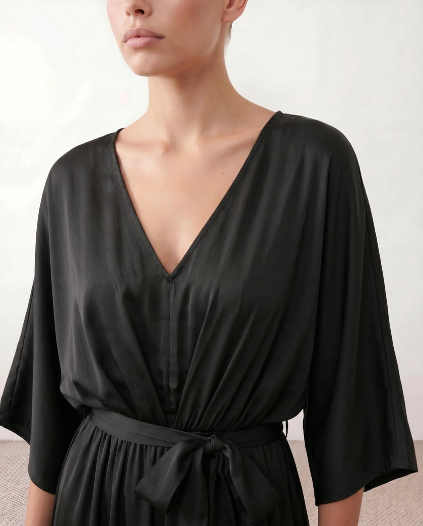 Maxi Dress Women V-Neck Draped Batwing Sleeve Open Back Tie Waist Wedding Guest
