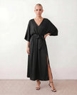Maxi Dress Women V-Neck Draped Batwing Sleeve Open Back Tie Waist Wedding Guest