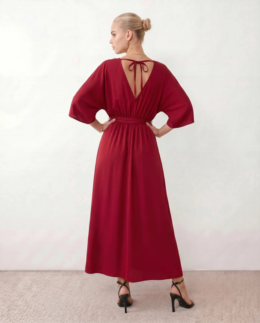Maxi Dress Women V-Neck Draped Batwing Sleeve Open Back Tie Waist Wedding Guest
