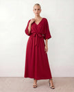 Maxi Dress Women V-Neck Draped Batwing Sleeve Open Back Tie Waist Wedding Guest