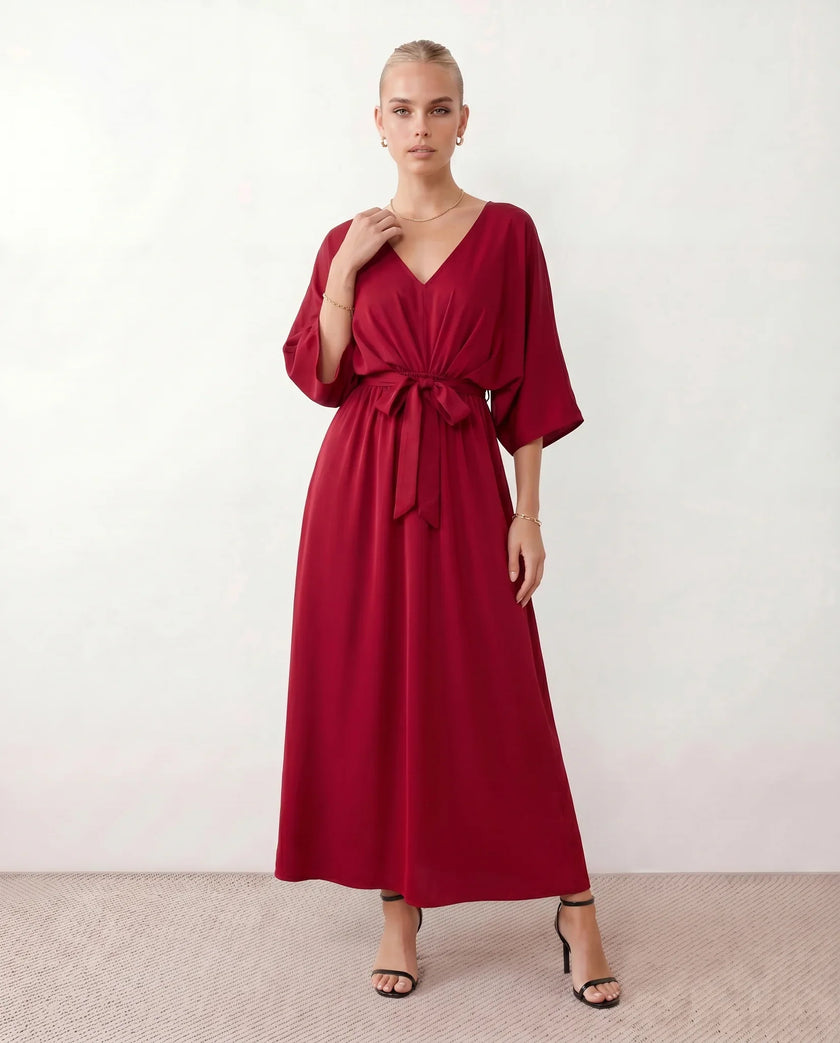 Maxi Dress Women V-Neck Draped Batwing Sleeve Open Back Tie Waist Wedding Guest