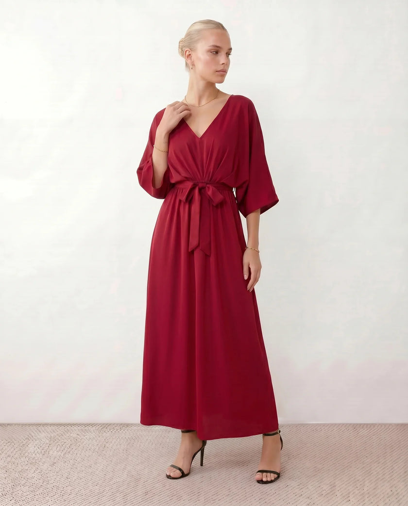 Maxi Dress Women V-Neck Draped Batwing Sleeve Open Back Tie Waist Wedding Guest